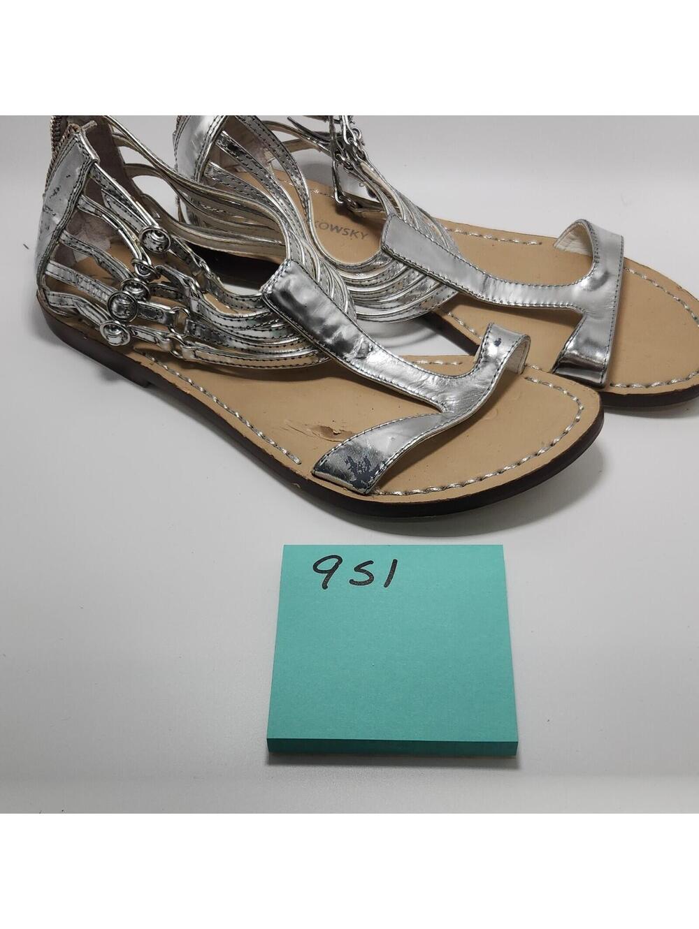 B Makowsky Women's Flat Sandals Silver Leather Zip Ankle Strap Chain 6.5